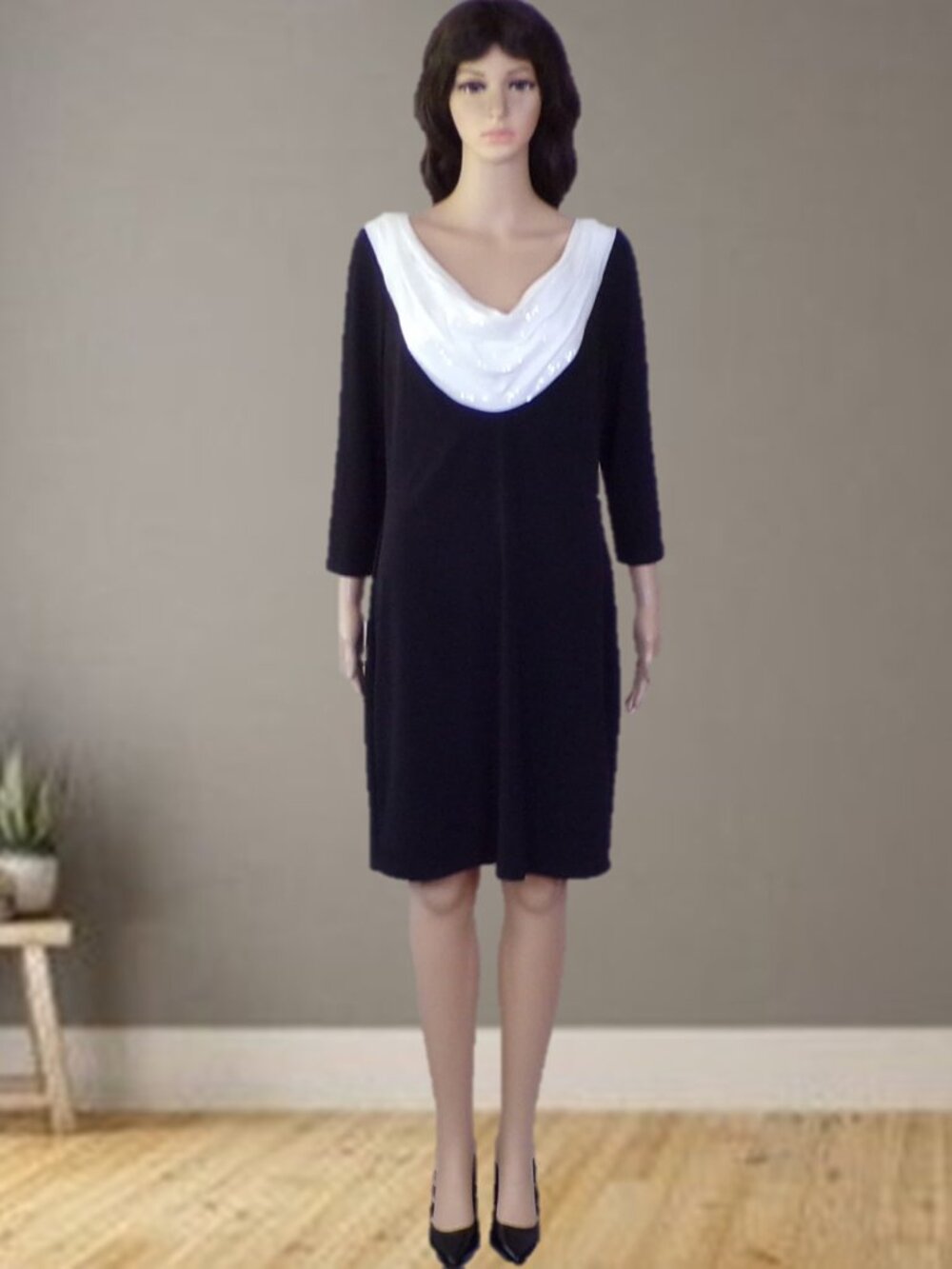 CALVIN KLEIN size 12 black/white 3/4-sleeve sheath dress polyester/spandex